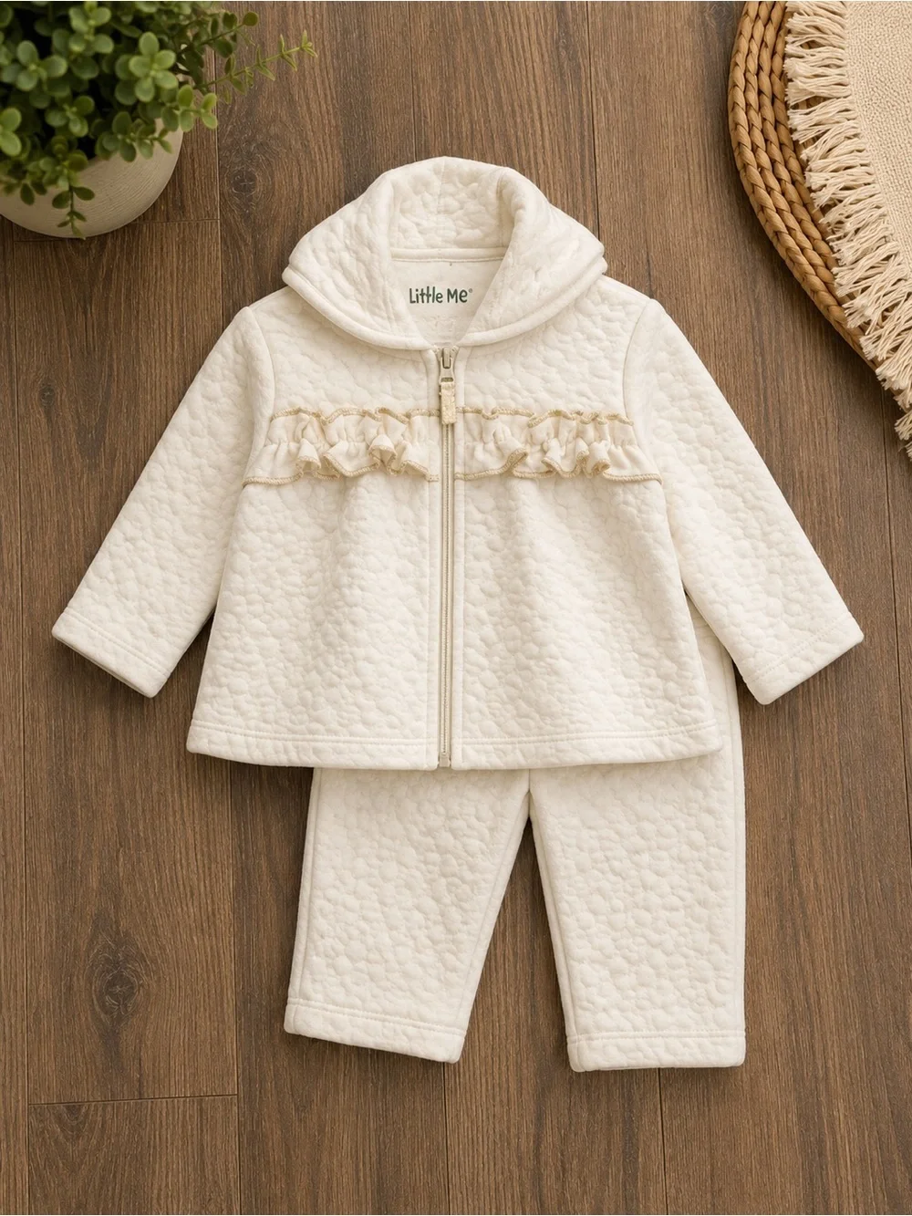 Little Me Cream Quilted Hooded Jacket & Pant Set with Ruffle Trim
